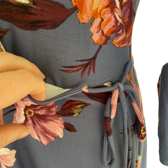 IZ BYER Sz M Blue Dress with Pink Floral Fit & Flare Faux Wrap Dress - Picture 7 of 13